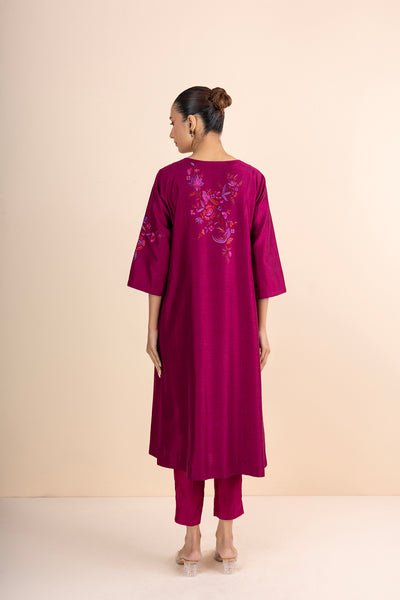 MAGENTA STRIPE DUPION PRINTED & EMBROIDERED ANGRAKHA KURTA SET (2 PCS)