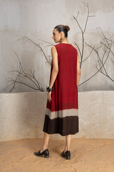 MADDER RED AND BROWN TIE & DYE COTTON DRESS (1 PC)