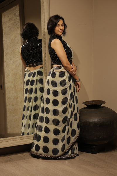 TOOSH & BLACK POLKA DOT GEORGETTE TUSSAR EMBROIDERED SAREE WITH UNSTITCHED BLOUSE (TL-06D)