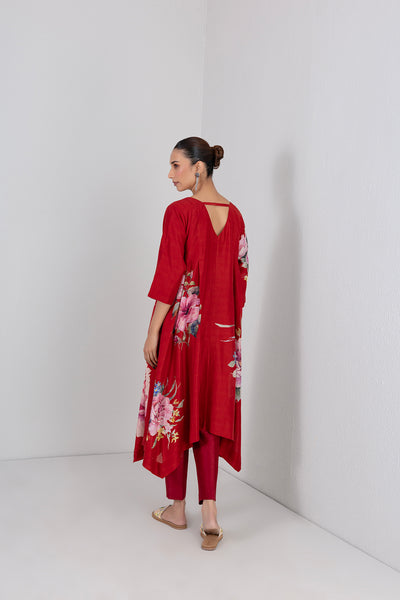 CRIMSON FLAME SILK CHANDERI CHINA ROSE PRINTED DRESS (1 PC)