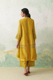 LIME GREEN THIN CHANDERI MULTICOLOUR KASHMIRI EMB. BACK SLIT KURTA SET (3 PCS)