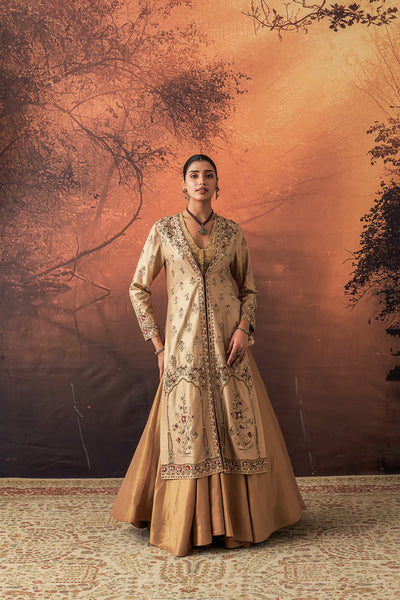 GOLD SILK TISSUE HEAVY EMB. LONG JACKET SET (3 PCS)