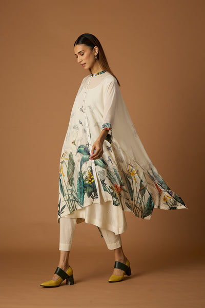 IVORY SILK ORGANZA FOREST PRINTED KAFTAN SET (SV-15) (2 PCS)