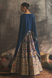 BLUE CHINON CHIFFON EMBROIDERED CAPE WITH COBALT BLUE SILK BROCADE LEHENGA (2 PCS)