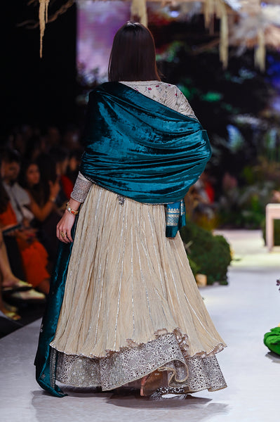 Toosh Crinkled Tissue Emb. Anarkali With Gold Chanderi Skirt & Organza Belt ( Mh-01 )