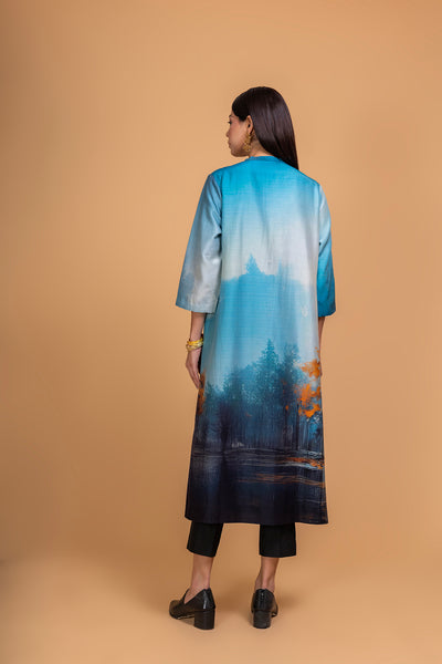 BLUE SILK CHANDERI DAWN PRINTED SHIRT (1 PC)
