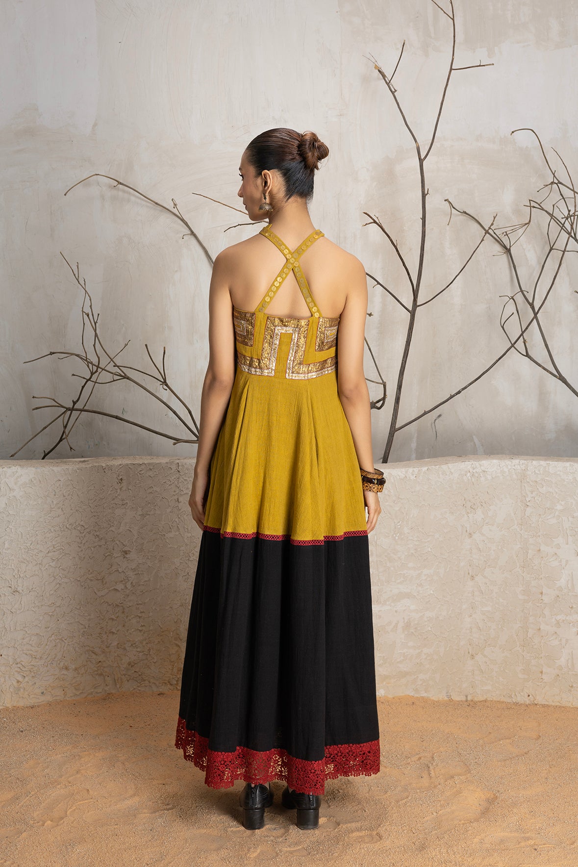MUSTARD & BLACK KALA COTTON EMBROIDERED DRESS (1 PC) Anju Modi MUSTARD & BLACK KALA COTTON EMBROIDERED DRESS (1 PC) Anju Modi