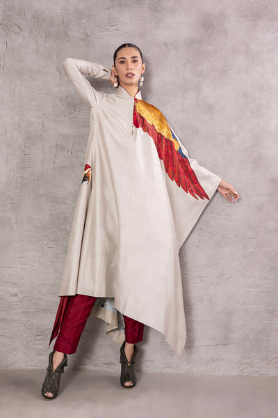 ASH GREY SILK DUPION EMBROIDERED & BIRD PRINTED DRAPED TUNIC (AJP-05)