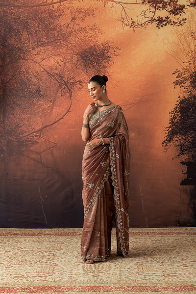 BROWN TISSUE EMB. SAREE SET (2 PCS)