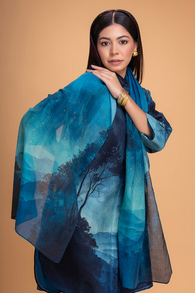 DARK BLUE CHANDERI PRINTED STOLE (1 PC)