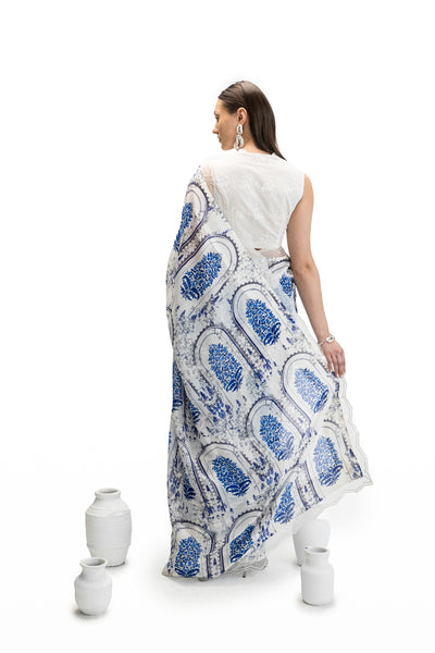 IVORY & BLUE PRINTED SAREE INSPIRED BY BLUE POTTERY (FA-26C)