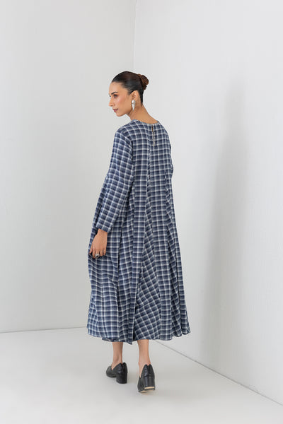 BLUE CHEQUERED WOOLEN GODET PANELS DRESS (1 PC)