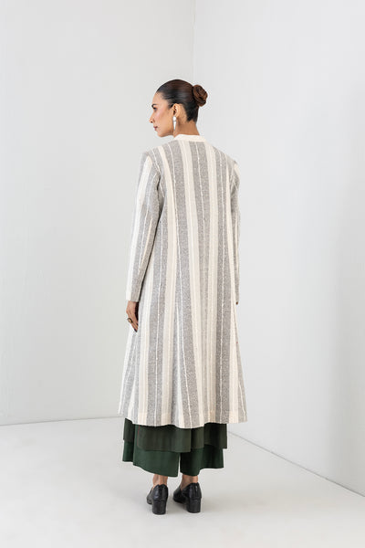 GREY & ECRU WOOLEN TEXTURED STRIPED LONG JACKET (1 PC)