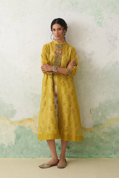 LIME GREEN CHANDERI EMB. KASHMIRA TUNIC & JACKET SET (2 PCS)