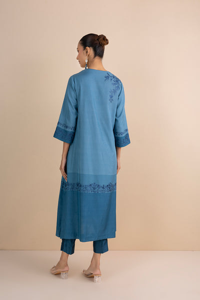 SHADES OF BLUE STRIPE PRINTED & EMBROIDERED KURTA SET (2 PCS)