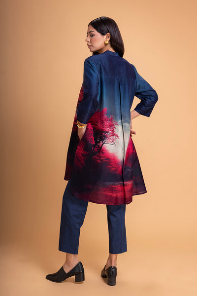 MIDNIGHT BLUE & PINK CHANDERI PRINTED SHIRT (1 PC)