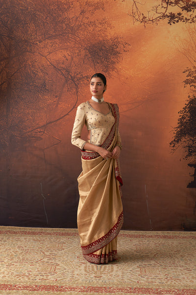 GOLD TISSUE SAREE WITH RED BORDER & UNSTITCHED BLOUSE (2 PCS)