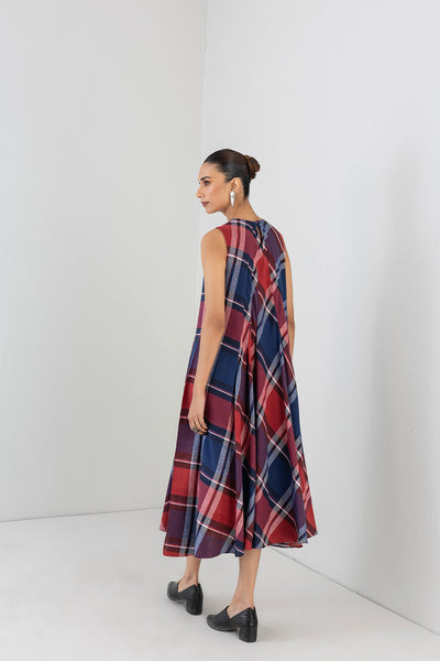 BLUE & RED BOLD CHEQUERED SOFT WOOLEN LONG DRESS (1 PC)