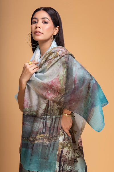 LIGHT BLUE CHANDERI PRINTED STOLE (1 PC)