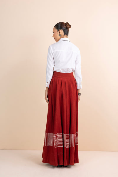 WHITE COTTON FLAX SHIRT WITH RED HANDWOVEN COTTON PLEATED & BLOCK PRINTED SKIRT (2 PCS)