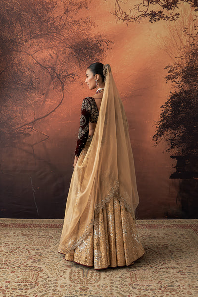 GOLD SILK TISSUE PRINTED & EMB. LEHENGA SET (EVO-07) (4 PCS)