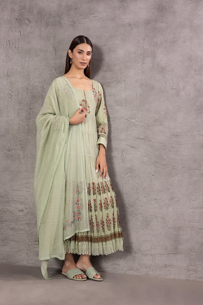 SAGE GREEN CHANDERI PRINTED TIER KURTA SET