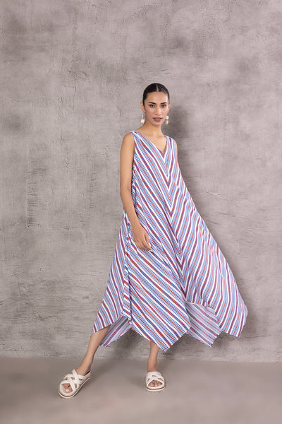 WHITE COTTON STRIPE PRINTED HANKERCHIEF DRESS