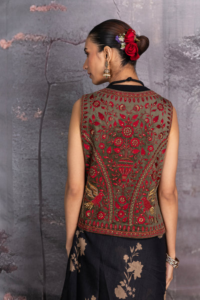 GREEN & RED VELVET EMBROIDERED JACKET (1 PC)