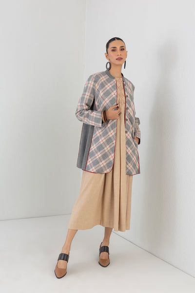 GREY & ECRU WOOLEN CHEQUERED MID LENGHTH JACKET (1PC)