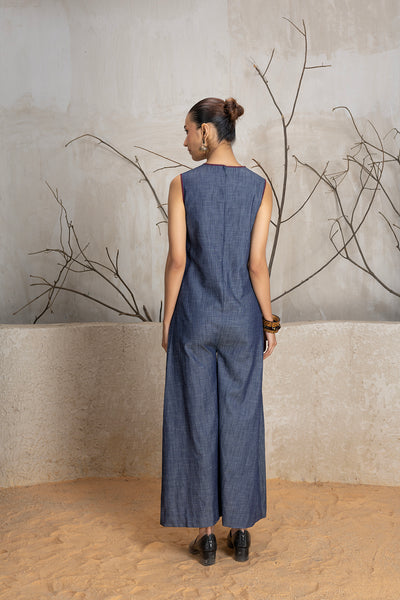 NAVY BLUE DENIM EMBROIDERED JUMPSUIT (1 PC)