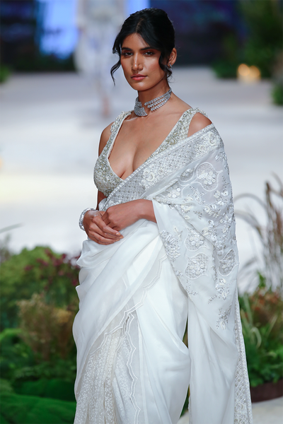 Ivory  Net Embroidered Blouse  And Organza Embroidered Saree (Fa-28/SRE)