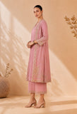PINK EMBROIDERED KURTA SET WITH ELABORATE PALAZZO AND JACKET. (3 PCS)
