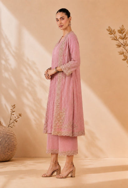 PINK EMBROIDERED KURTA SET WITH ELABORATE PALAZZO AND JACKET. (3 PCS)