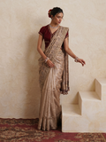 MAROON & BROWN CRUSH TISSUE ORGANZA EMBROIDERED TWO PIECE SAREE SET (5 PCS)