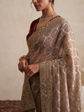 MAROON & BROWN CRUSH TISSUE ORGANZA EMBROIDERED TWO PIECE SAREE SET (5 PCS)