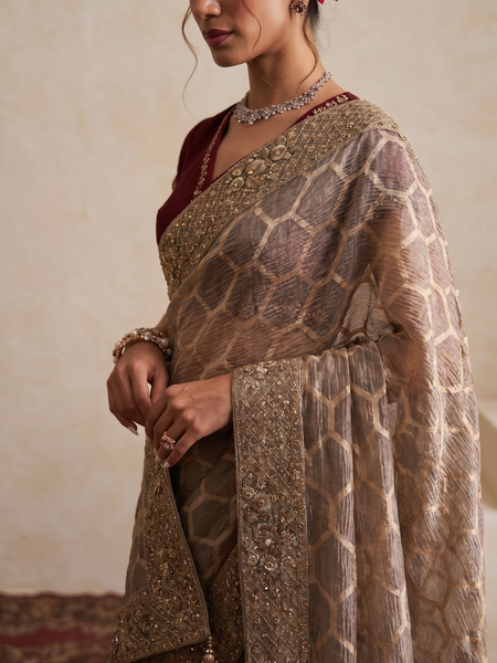 MAROON & BROWN CRUSH TISSUE ORGANZA EMBROIDERED TWO PIECE SAREE SET (5 PCS)