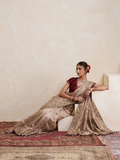 MAROON & BROWN CRUSH TISSUE ORGANZA EMBROIDERED TWO PIECE SAREE SET (5 PCS)