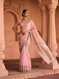 ONION PINK TUSSAR & ORGANZA EMB. TWO-PIECE SAREE SET(EVO-08) (3 PCS)