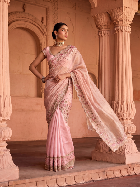 ONION PINK TUSSAR & ORGANZA EMB. TWO-PIECE SAREE SET(EVO-08) (3 PCS)