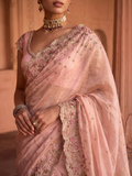 ONION PINK TUSSAR & ORGANZA EMB. TWO-PIECE SAREE SET(EVO-08) (3 PCS)