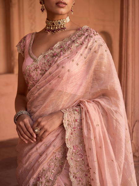 ONION PINK TUSSAR & ORGANZA EMB. TWO-PIECE SAREE SET(EVO-08) (3 PCS)
