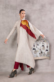 ASH GREY SILK DUPION EMBROIDERED & BIRD PRINTED DRAPED TUNIC (AJP-05)