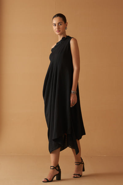 BLACK TENCIL GEORGETTE  DRAPE DRESS PAIRED WITH BLACK BLOUSE ( SE-05A)