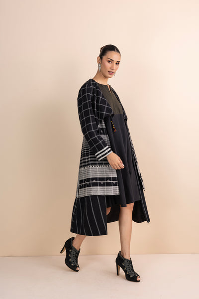 BLACK CHECK HANDWOVEN COTTON TRIPLE LAYERED LONG JACKET (1 PC)