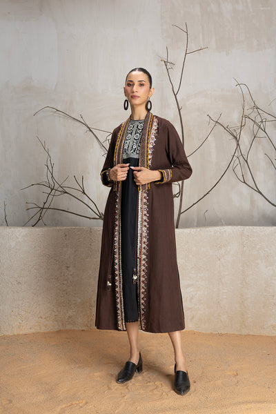 BROWN LINEN EMBROIDERED JACKET (1 PC)