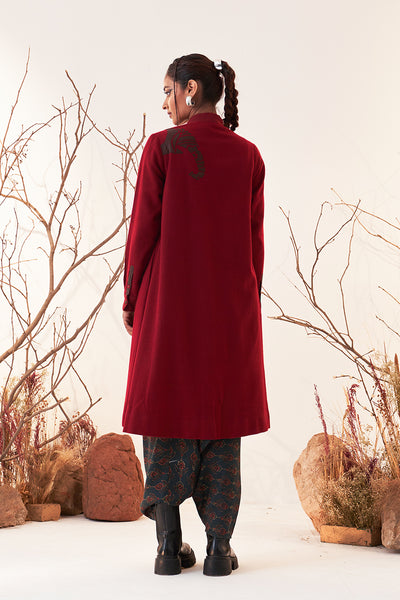 Red Woolen Embroidered High Low Wrap Jacket (WLN-04/JKT)