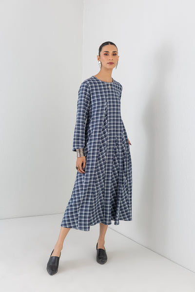 BLUE CHEQUERED WOOLEN GODET PANELS DRESS (1 PC)