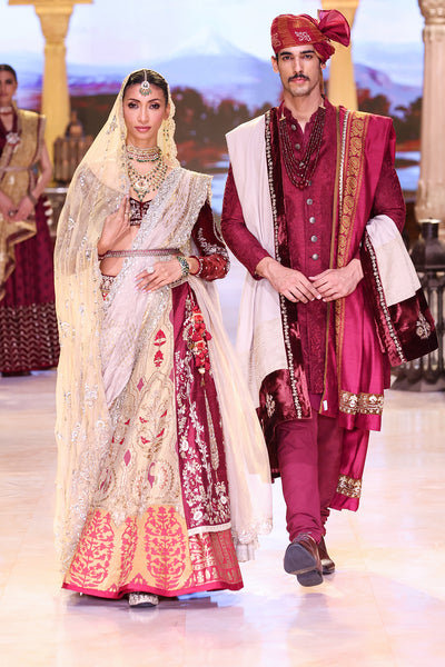 GOLD & MAROON DUPION EMBROIDERED LEHENGA SET (HD-09A)