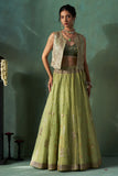 GREEN BROCADE BLOUSE & MINT TISSUE EMBROIDERED KOTI WITH MINT GREEN EMBROIDERED KOTA TISSUE LEHENGA PAIRED WITH GREEN ORGANZA TISSUE DUPATTA (4 PCS)