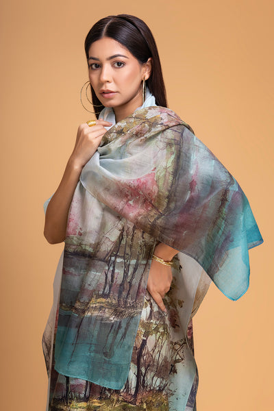 LIGHT BLUE CHANDERI PRINTED STOLE (1 PC)